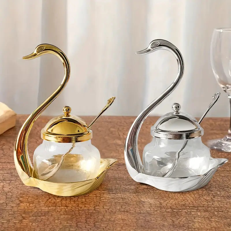 01 Pcs Swan Stainless Steel Spice Jars Storage Sugar Bowl With Spoon Home Decoration