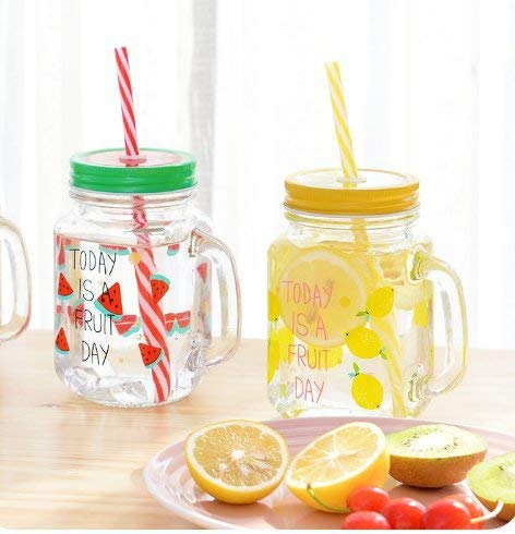 Fruity Glass Mason Jar Mugs with Lid and Straw For Milk, Milkshakes Juices 480 ml