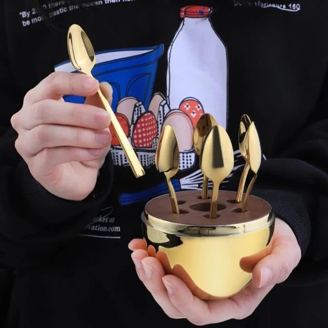 Golden Egg Shape Stainless steel Tea Spoon Holder with 6 Tea Spoons