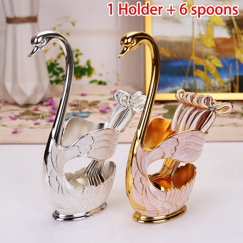 Coffee Tea Stirring Spoons Dessert Swan Holder with 6 Tea spoons