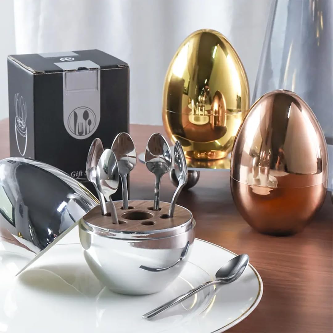 Golden Egg Shape Stainless steel Tea Spoon Holder with 6 Tea Spoons