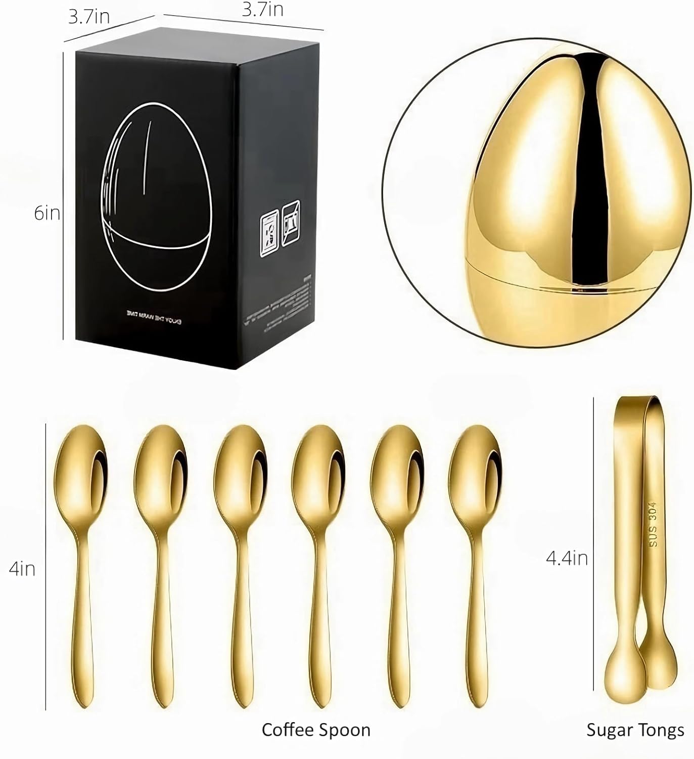 Golden Egg Shape Stainless steel Tea Spoon Holder with 6 Tea Spoons