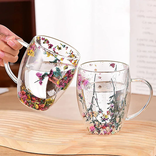 Dried Flower Filling Double Wall Glass Cup Resistant Handle Coffee Tea  Milk Cup Mug Gift