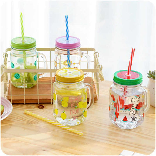 Multicolor Heat Resistant Fruity Glass Mason Jar with Lid and Straw 480 ml