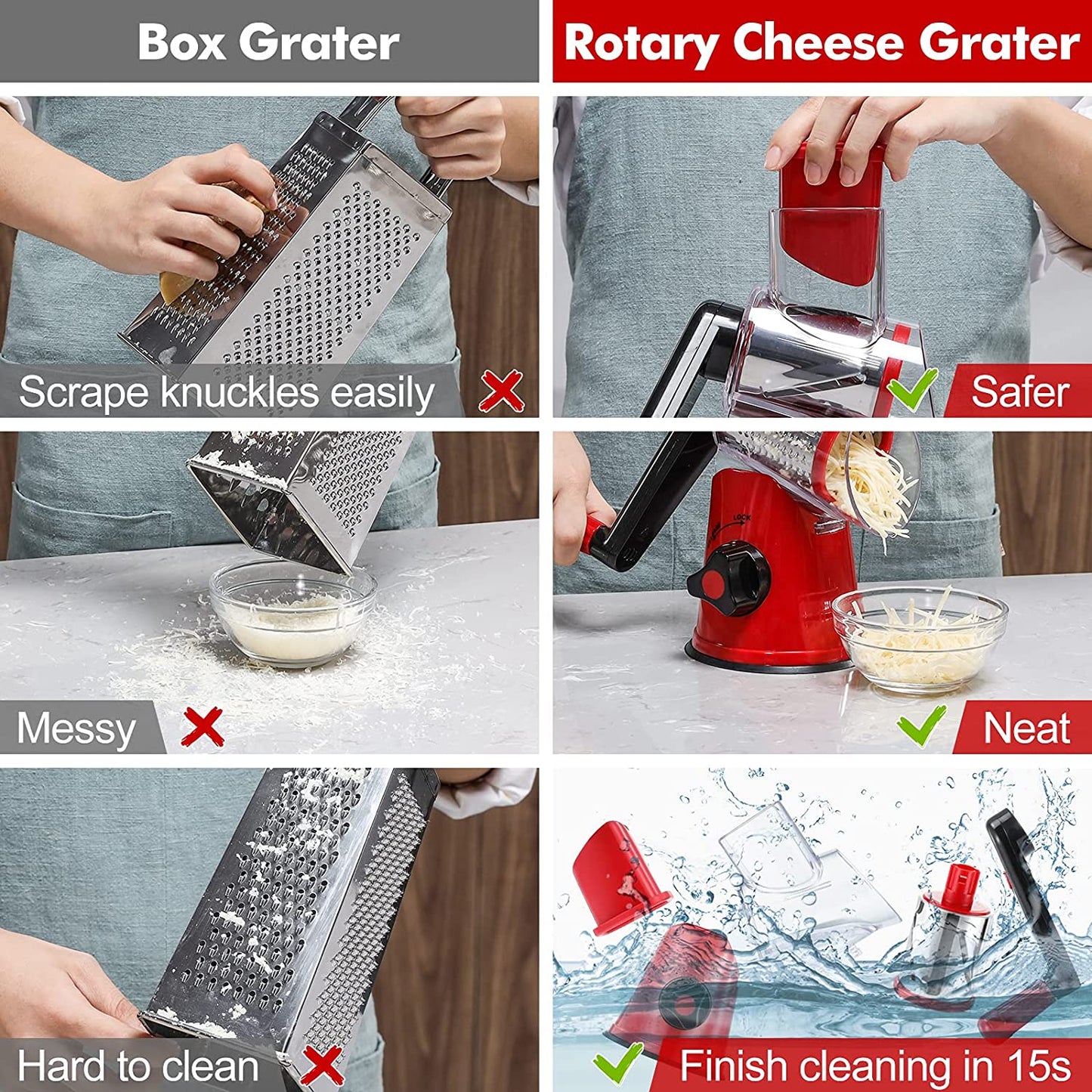 Cheese Grater Rotary, Rotary Grater for Kitchen with 3 Drum Blades