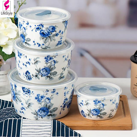 04 Pieces Ceramic Sealed Fresh Bowl Set With Plastic Lid