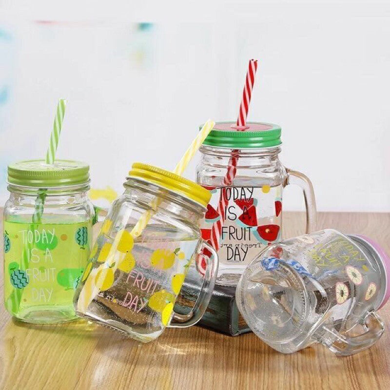 Multicolor Heat Resistant Fruity Glass Mason Jar with Lid and Straw 480 ml