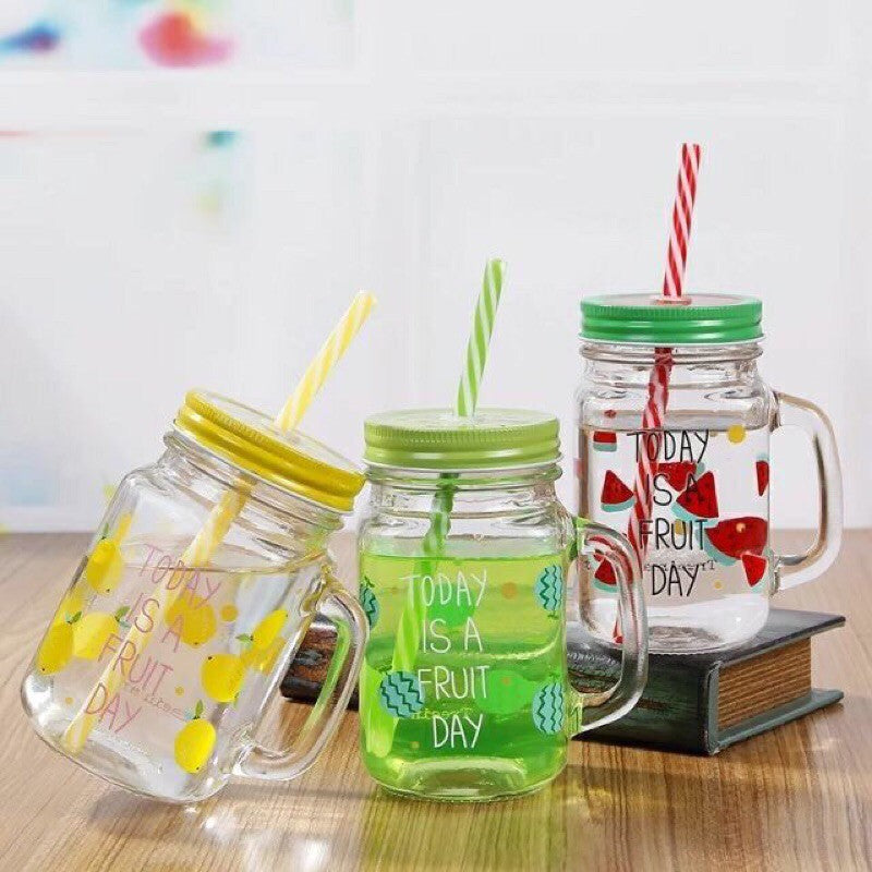 Multicolor Heat Resistant Fruity Glass Mason Jar with Lid and Straw 480 ml