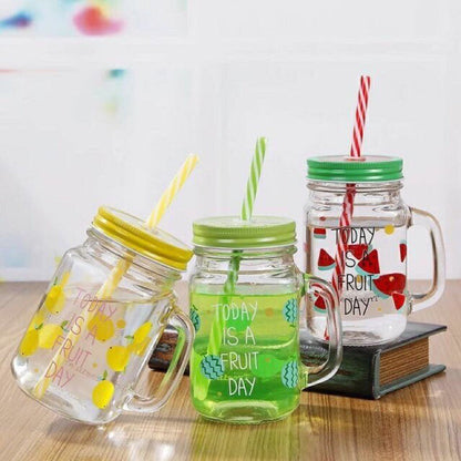 Multicolor Heat Resistant Fruity Glass Mason Jar with Lid and Straw 480 ml