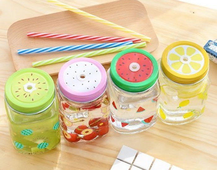 Multicolor Heat Resistant Fruity Glass Mason Jar with Lid and Straw 480 ml