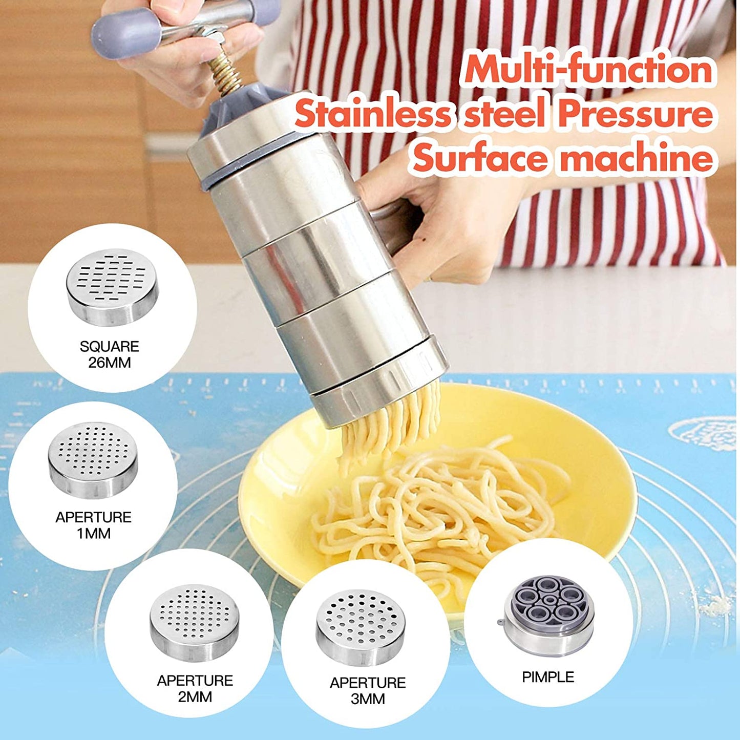 Stainless Steel Manual Noodles Press Pasta Maker with 5 Noodle Mould