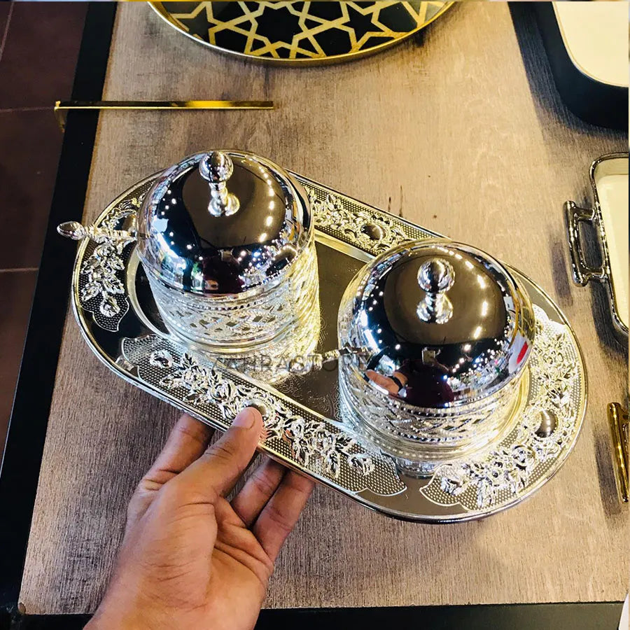 Stainless Steel 02 pcs Royal Golden Silver Sugar Pots With Tray And Spoons For Coffee Tea Home Decor