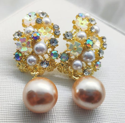 Imported Enchanted Floral Pearl Earrings – Luxurious Elegance Redefined! Intricate Floral Designs Adorned With Shimmering Crystals