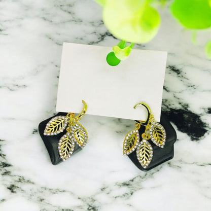 Imported Golden Triple Leaf Crystal Earrings – A Touch Of Elegance Triple Leaf Crystal Earrings